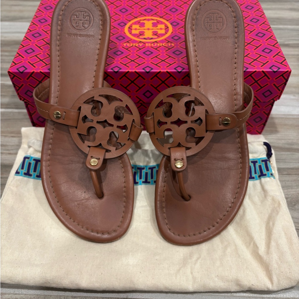 Tory Burch Brown Leather Logo Thong Sandals